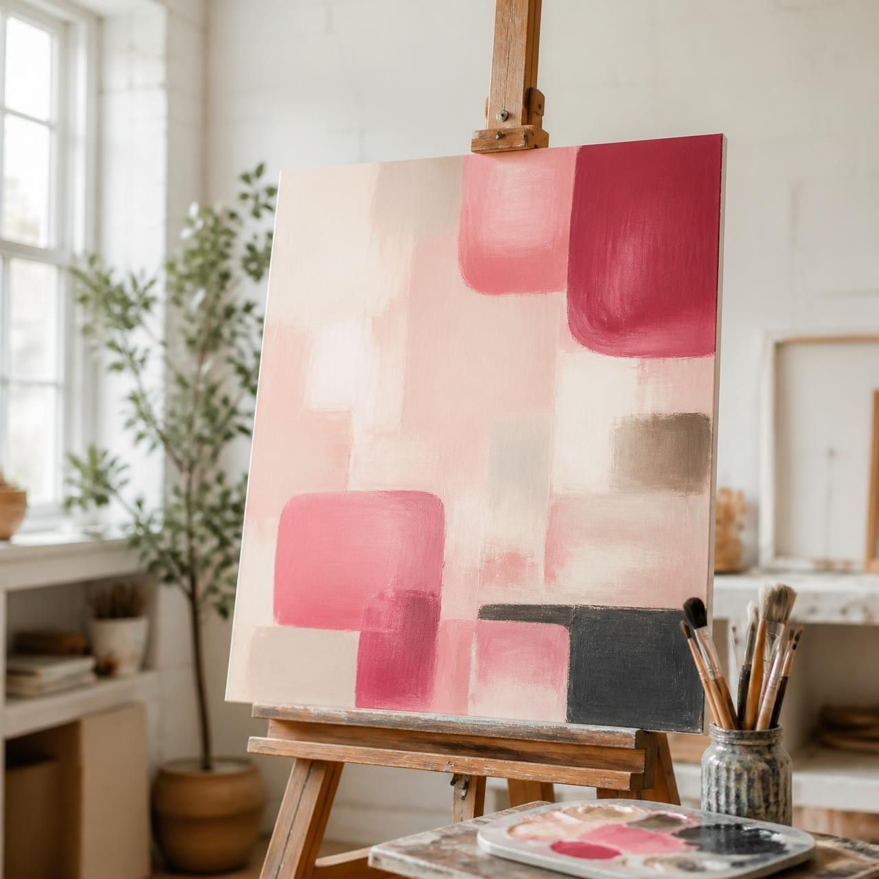 Canvas on an easel in a bright art studio, painted with soft pink geometric shapes