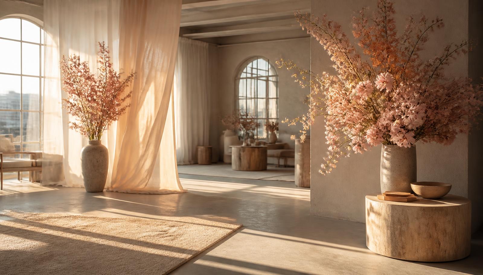 Sunlit airy studio loft with soft blush florals