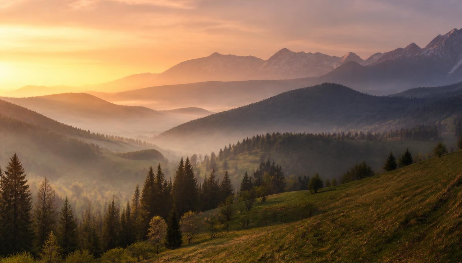Soft misty mountain valley at warm sunrise