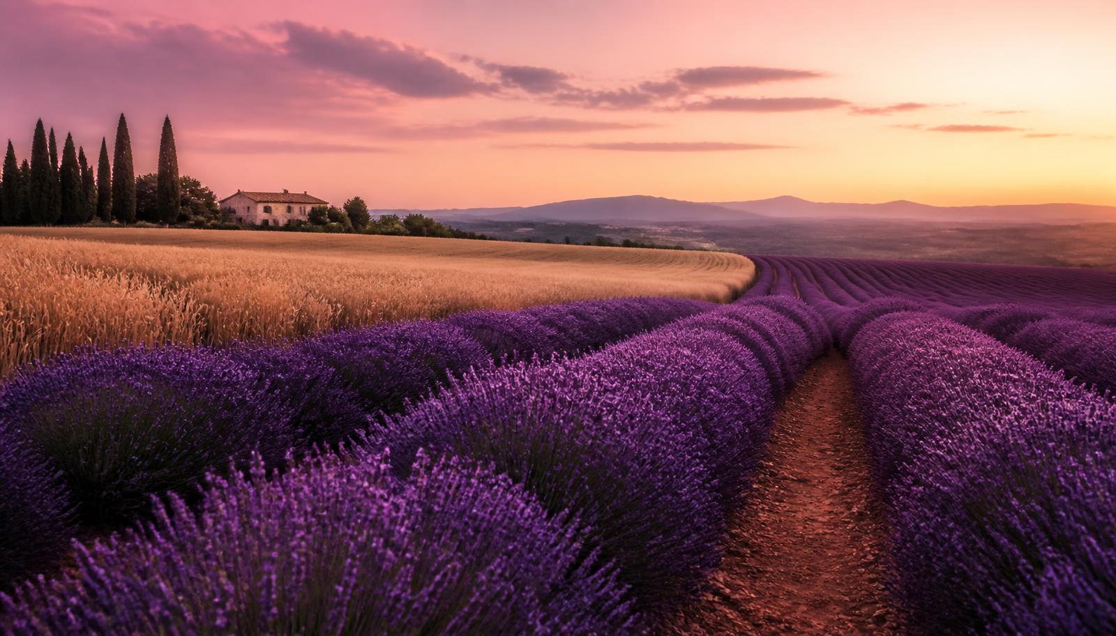 Lavender and wheat fields under a soft pink dusk sky