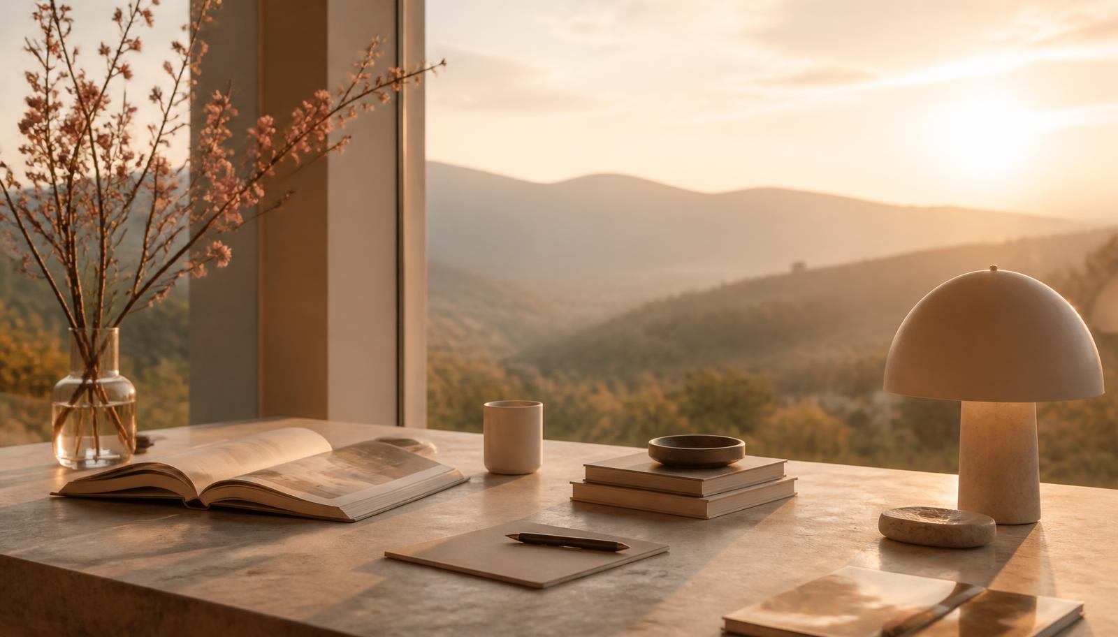 Warm sunlit design desk overlooking golden hills